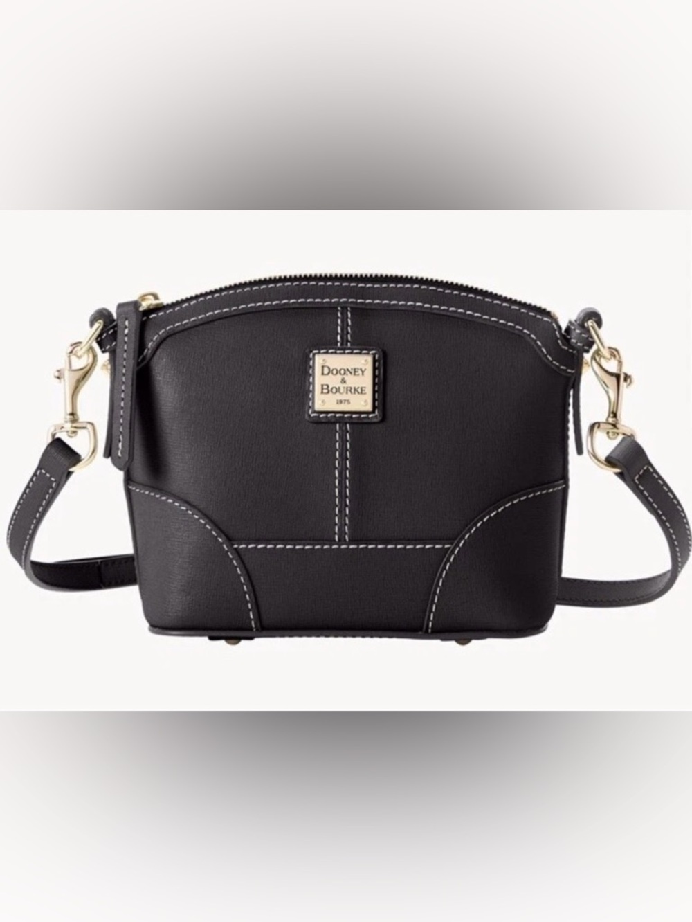 Dooney & Bourke Black Leather Dome Crossbody with White Stitching
